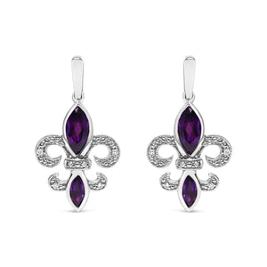 .925 Sterling Silver Marquise Cut Amethyst and Diamond Accent Fleur De Lis Dangle Stud Earrings (H - I Color, SI1 - SI2 Clarity) - Rieworkes