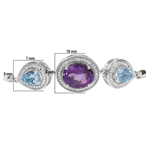 .925 Sterling Silver Oval Amethyst and Pear Blue Topaz with Diamond Accent Lariat 4” - 10” Adjustable Bolo Bracelet (H - I Color, SI1 - SI2 Clarity) - Rieworkes