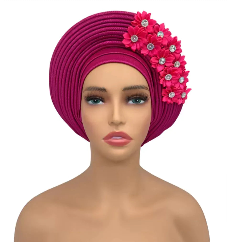 Stunning Floral Auto Gele Headwraps - 2024 New African Turban for Elegant Weddings &amp; Parties