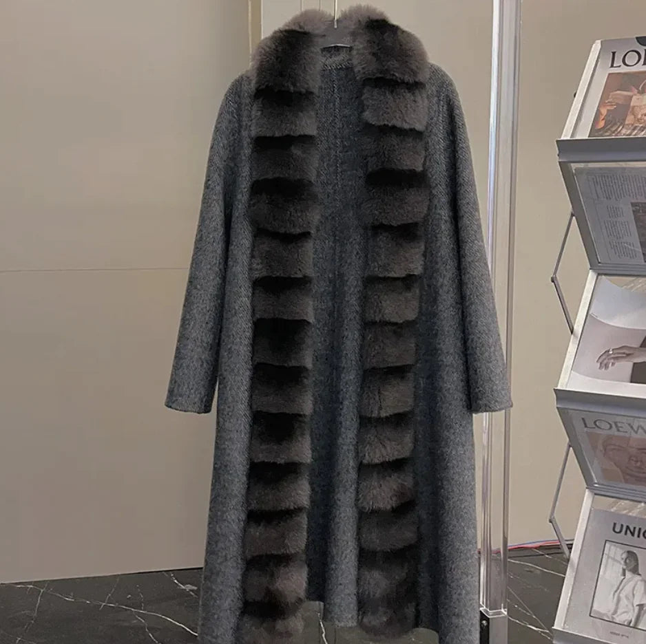 Alpaca Fleece Coat with Detachable Fox Fur Collar