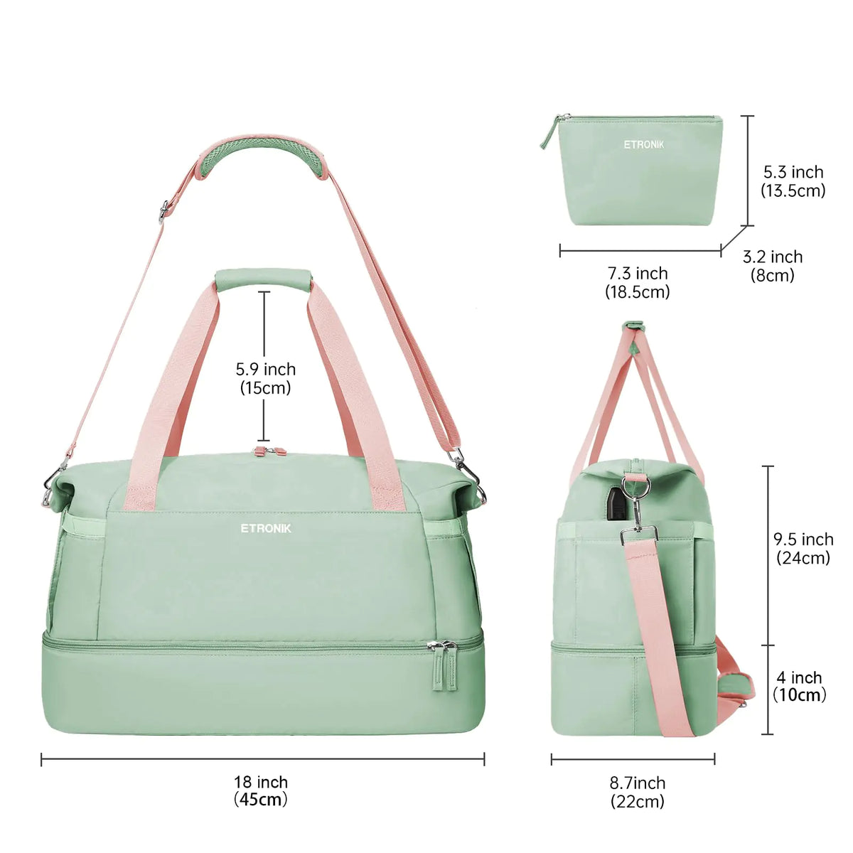 ETRONIK Gym Bag for Women, Travel Duffel Bag with USB Charging Port, Weekender Overnight Bag with Wet Pocket &amp; Shoes Compartment for Women, Travel, Gym, Yoga (Green Pink) Medium Pink Green