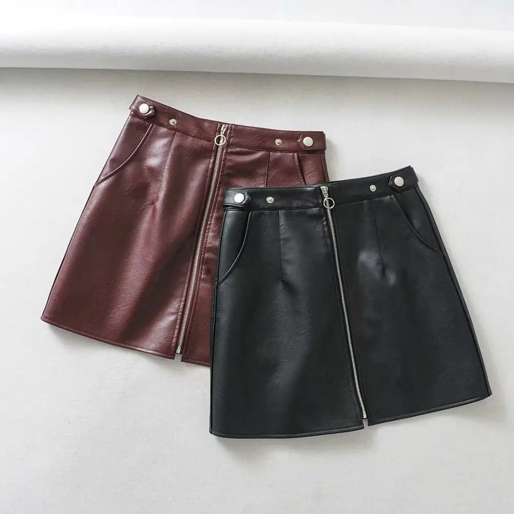 High Waist Slim Zipper A-Line PU Leather Mini Skirt