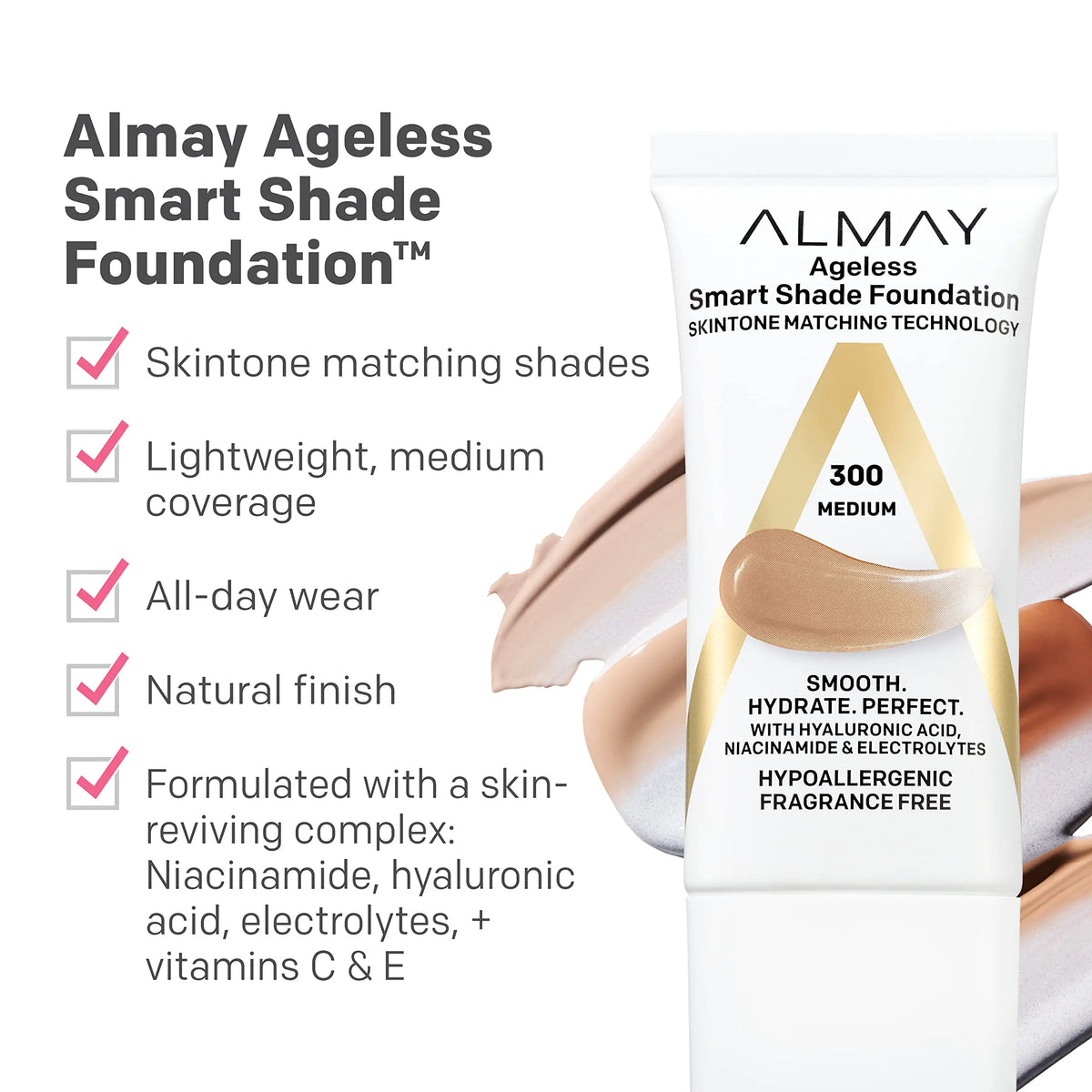 Almay Anti-Aging Foundation, Smart Shade Face Makeup with Hyaluronic Acid, Niacinamide, Vitamin C &amp; E, Hypoallergenic-Fragrance Free, 100 Light, 1 Fl Oz (Pack of 1) 1 Fl Oz (Pack of 1)