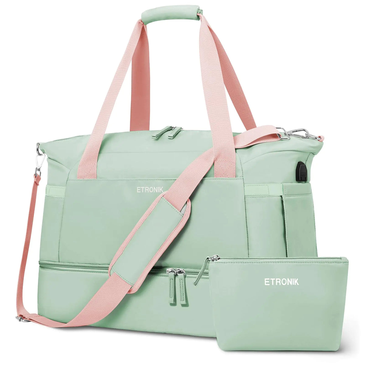 ETRONIK Gym Bag for Women, Travel Duffel Bag with USB Charging Port, Weekender Overnight Bag with Wet Pocket &amp; Shoes Compartment for Women, Travel, Gym, Yoga (Green Pink) Medium Pink Green