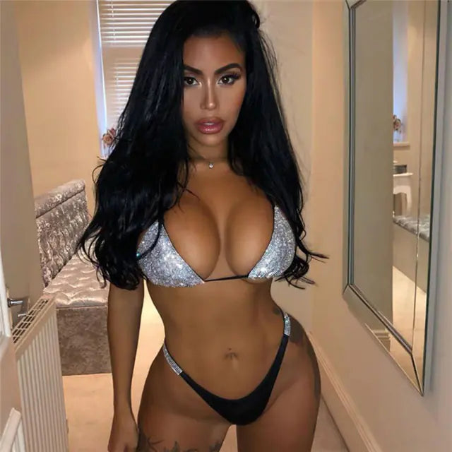 Luxury Women's Bikini Set with Rhinestones and Halter Neck