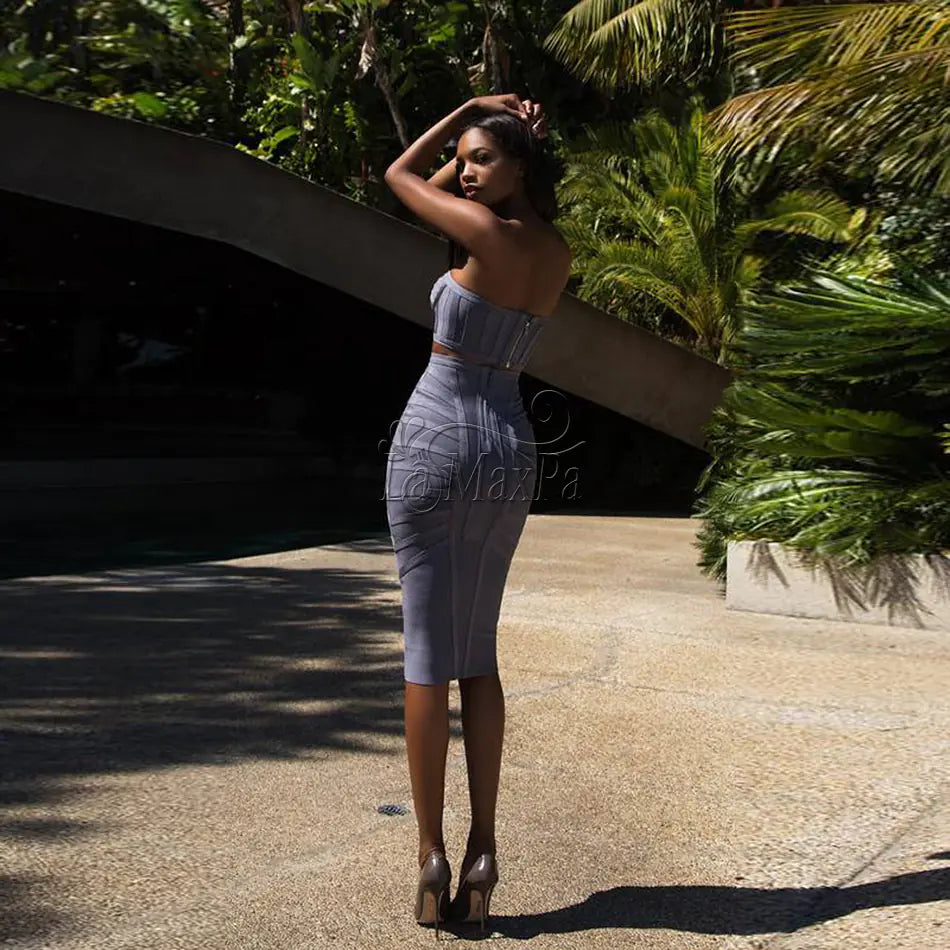 2018 Fall Winter Women&#39;s Strapless Gray Dress Set