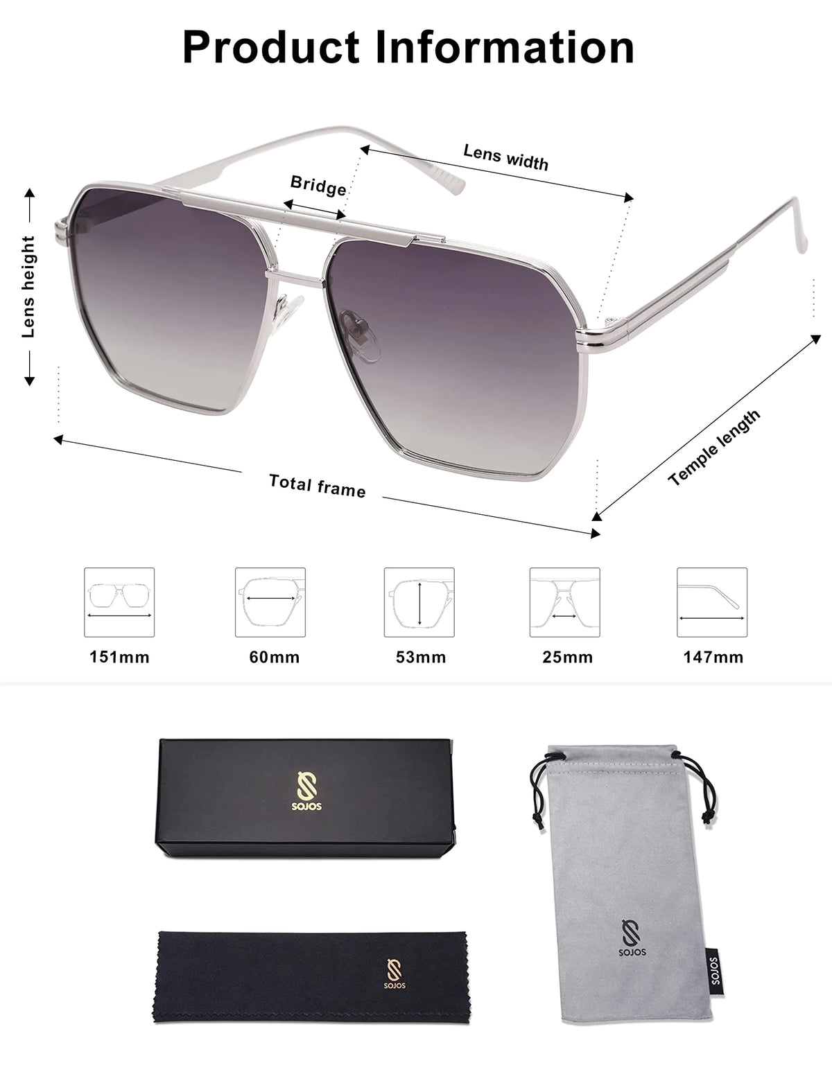 SOJOS Retro Oversized Square Polarized Sunglasses for Women and Men Vintage Shades UV400 Classic Large Metal Sun Glasses Silver/Grey