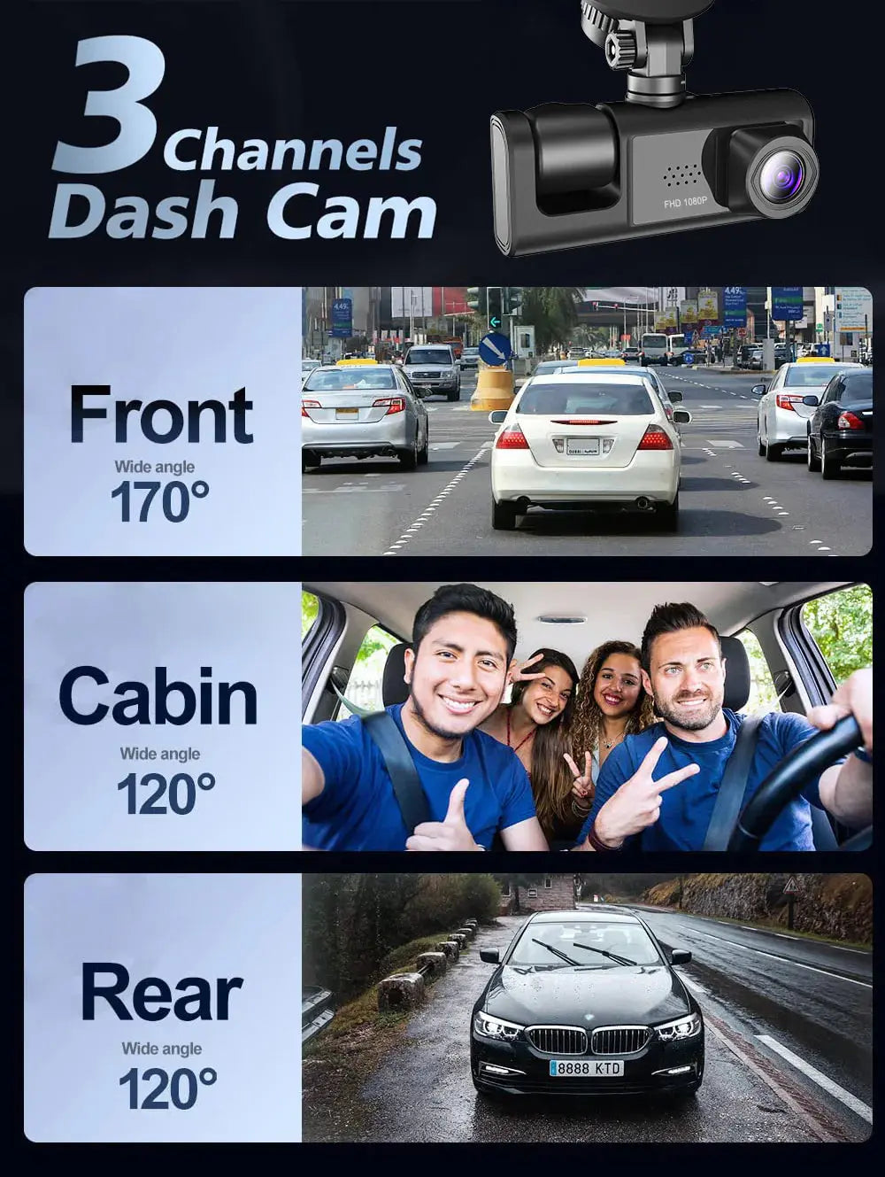Car Dual Lens Dash Cam HD 1080P Front/Rear/Inside Video Recorder Camera G-Sensor Rieworkes