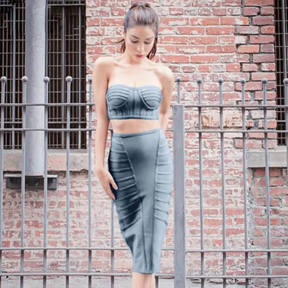 2018 Fall Winter Women&#39;s Strapless Gray Dress Set