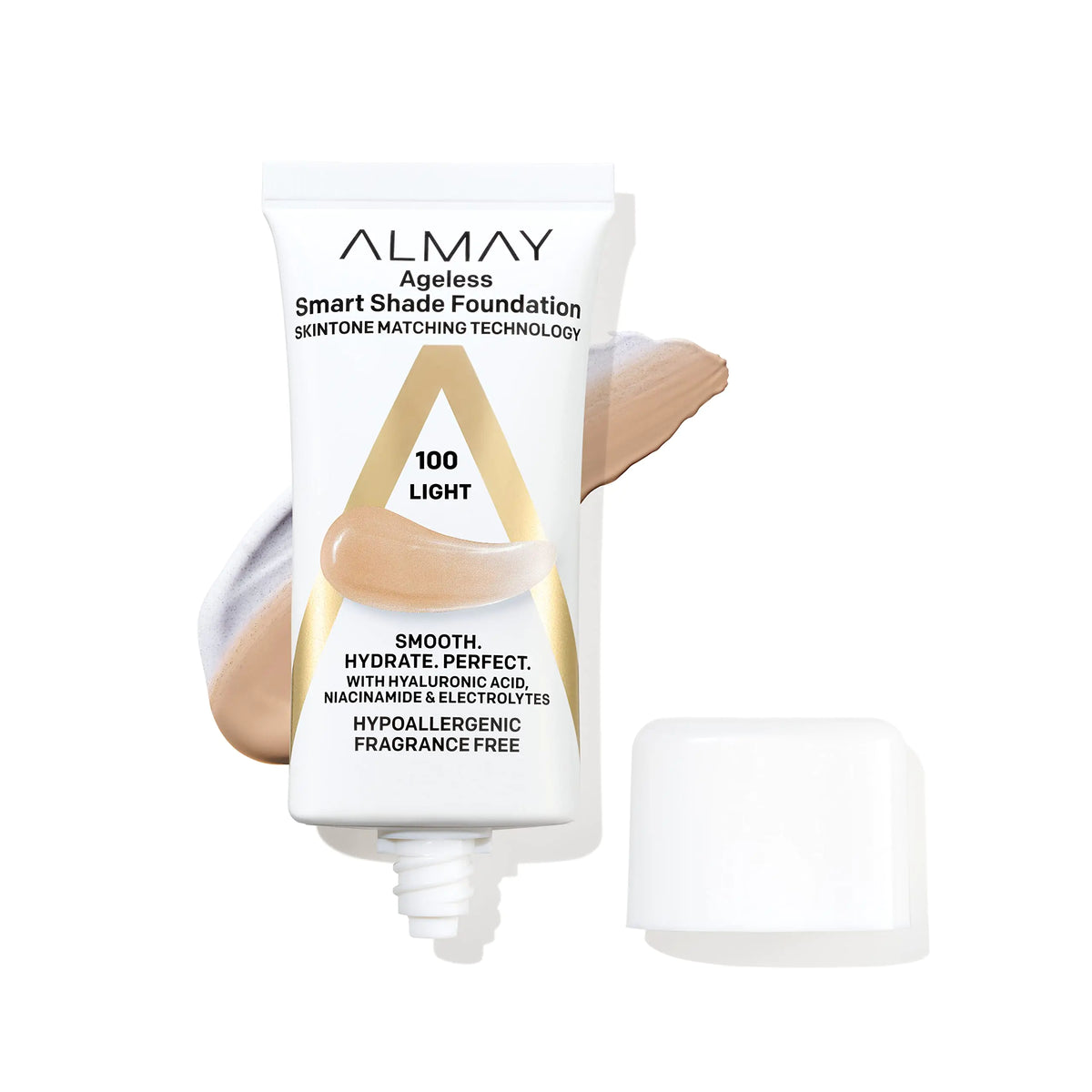 Almay Anti-Aging Foundation, Smart Shade Face Makeup with Hyaluronic Acid, Niacinamide, Vitamin C &amp; E, Hypoallergenic-Fragrance Free, 100 Light, 1 Fl Oz (Pack of 1) 1 Fl Oz (Pack of 1)