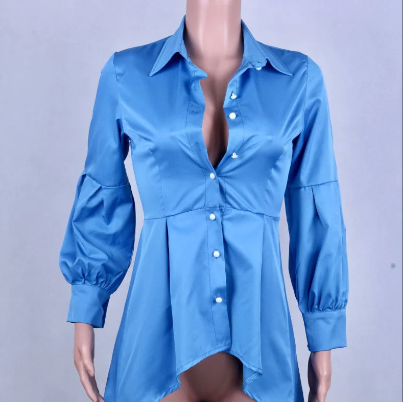 Solid Color Lantern Sleeve Tail Dress &amp; Button Shirt Dress