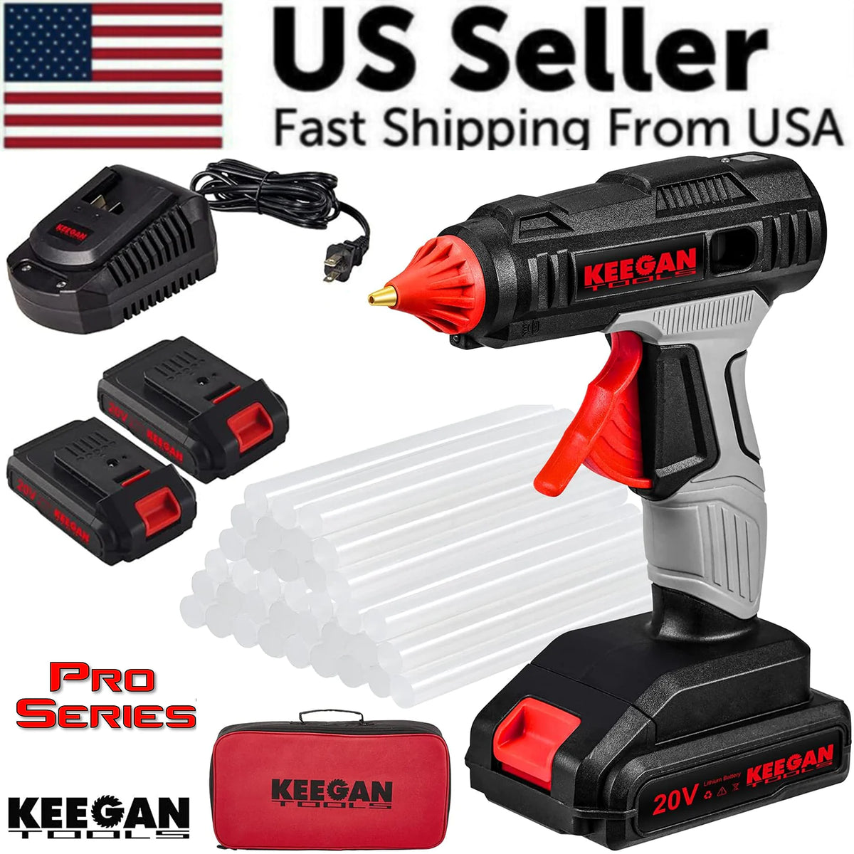 Full Size Cordless Professional 20V Hot Melt Glue Gun Kit Rechargeable 2 Battery Rieworkes