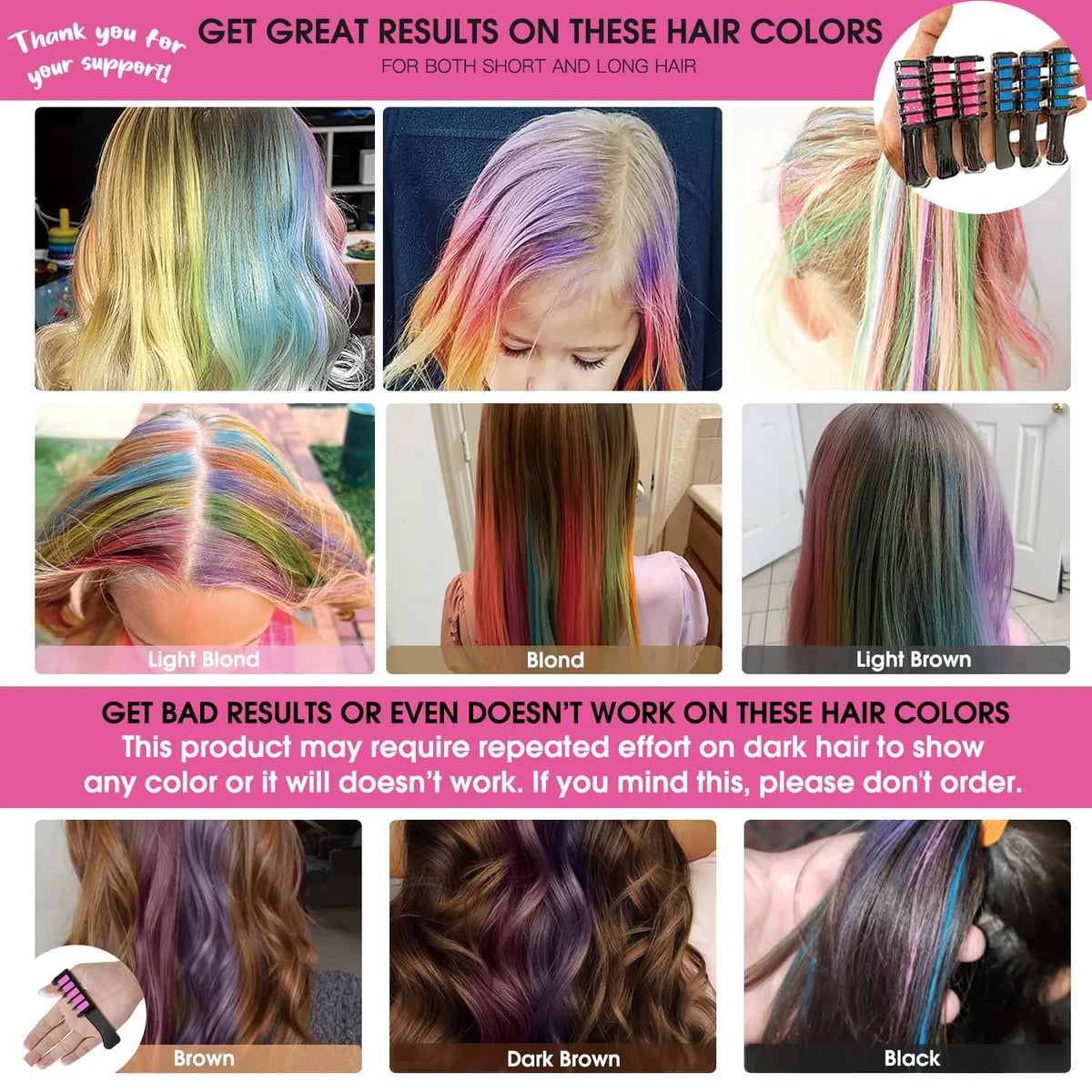 MSDADA New Hair Chalk Comb Temporary Hair Color Dye for Girls Kids with Light Color Hair, Washable Hair Chalk for Girls Age 4 5 6 7 8 9 10 Birthday Cosplay DIY, Halloween, Christmas (Pink+Blue) Pink,Blue