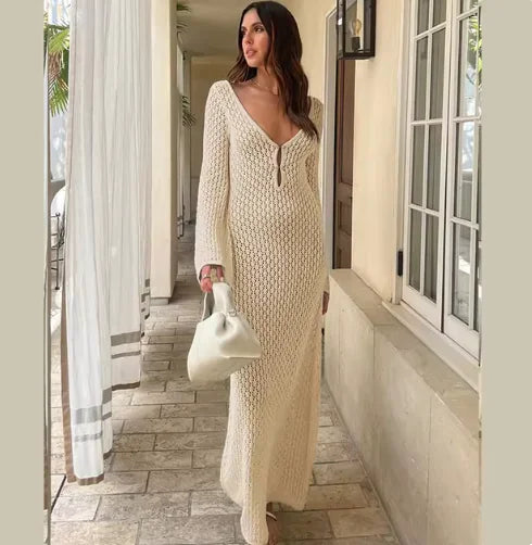Elegant Sheer V-Neck Knitted Beach Dress – Long Sleeve Cover-Up for Summer &amp; Fall