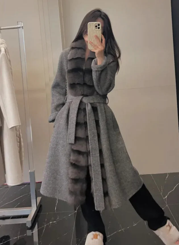 Alpaca Fleece Coat with Detachable Fox Fur Collar