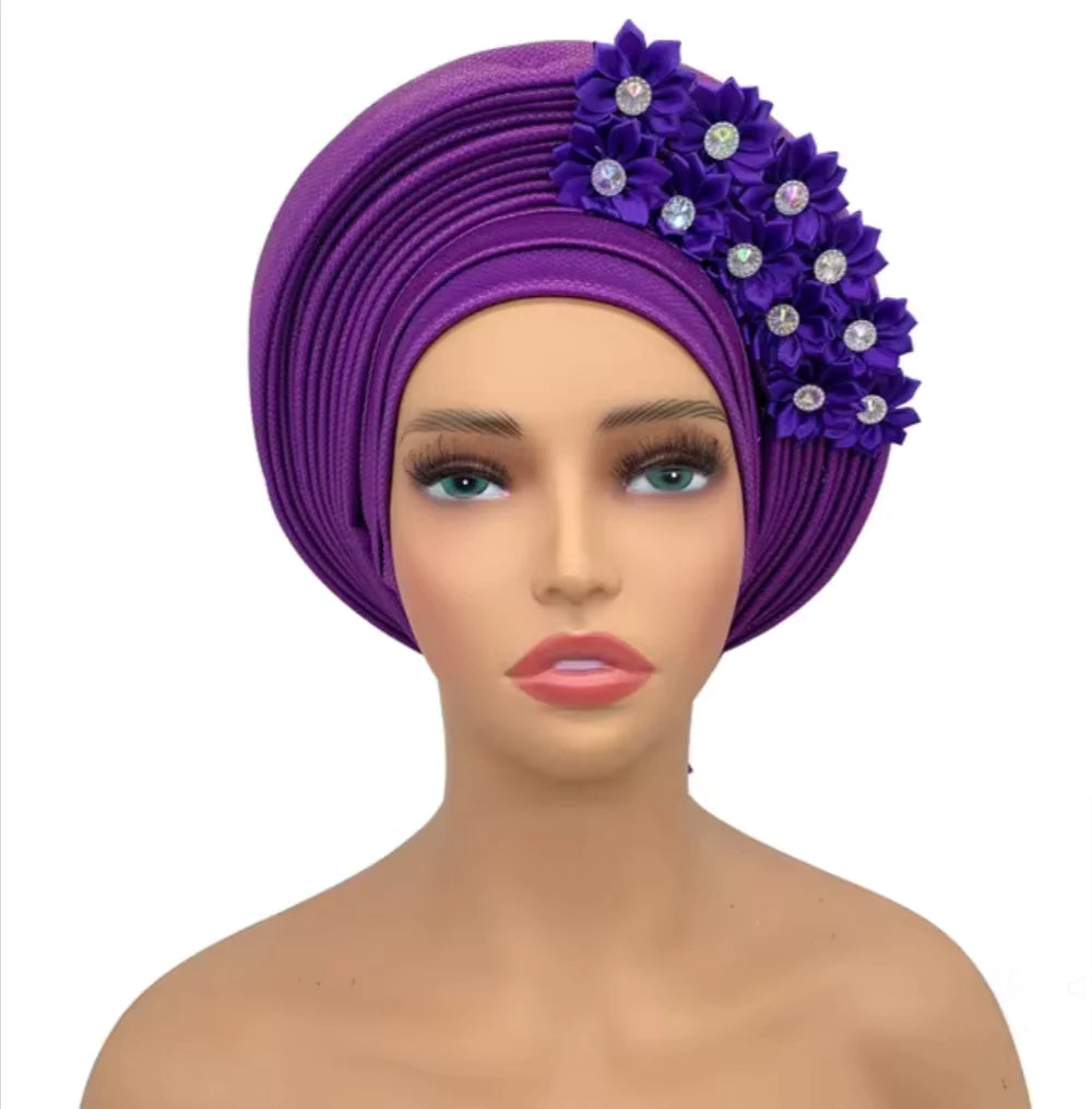 Stunning Floral Auto Gele Headwraps - 2024 New African Turban for Elegant Weddings &amp; Parties