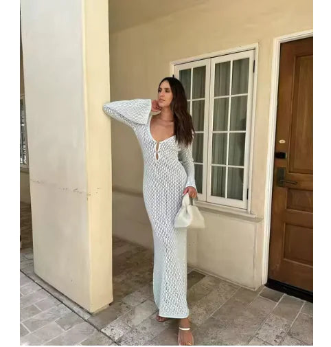 Elegant Sheer V-Neck Knitted Beach Dress – Long Sleeve Cover-Up for Summer &amp; Fall