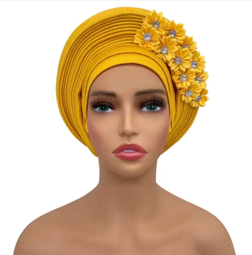 Stunning Floral Auto Gele Headwraps - 2024 New African Turban for Elegant Weddings &amp; Parties
