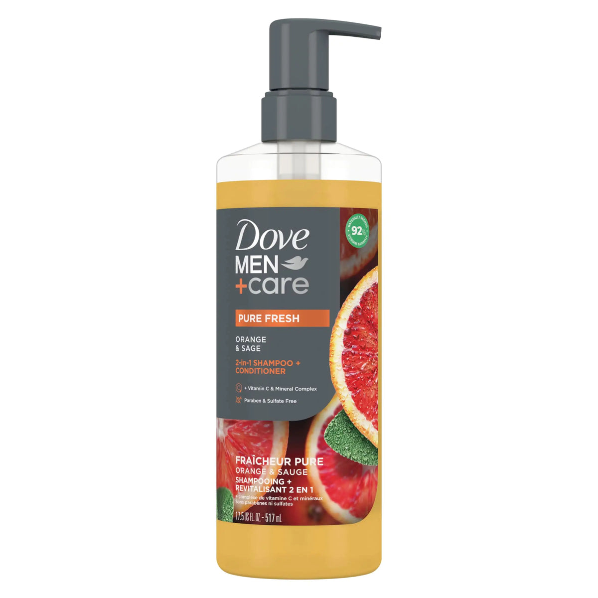 Dove Men+Care 2-in-1 Shampoo + Conditioner Pure Fresh Orange &amp; Sage for Strong, Healthy-Looking Hair, with Vitamin C &amp; Mineral Complex, 17.5 oz