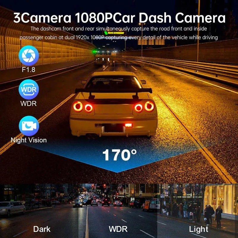 Car Dual Lens Dash Cam HD 1080P Front/Rear/Inside Video Recorder Camera G-Sensor Rieworkes