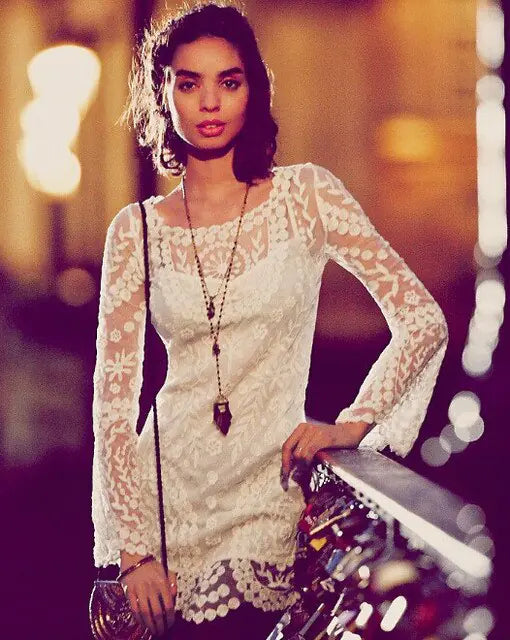 2021 hot sale flower pattern long sleeve loose hook beach dress women&amp;#39;s hollow out sexy lace dress elegant sexy lace beach dress