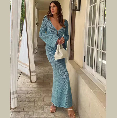 Elegant Sheer V-Neck Knitted Beach Dress – Long Sleeve Cover-Up for Summer &amp; Fall