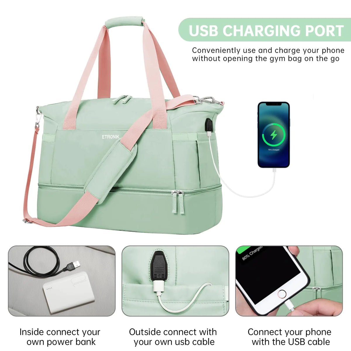 ETRONIK Gym Bag for Women, Travel Duffel Bag with USB Charging Port, Weekender Overnight Bag with Wet Pocket &amp; Shoes Compartment for Women, Travel, Gym, Yoga (Green Pink) Medium Pink Green