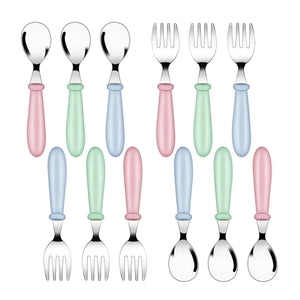 12 Pack Toddler Spoons and Forks Stainless Steel Baby Utensils Kids Cutlery Toddler Silverware Set with Round Handle for Self Feeding Safe Flatware Dining Lunch Box Home Kitchen