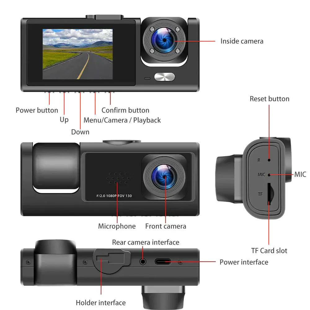 Car Dual Lens Dash Cam HD 1080P Front/Rear/Inside Video Recorder Camera G-Sensor Rieworkes