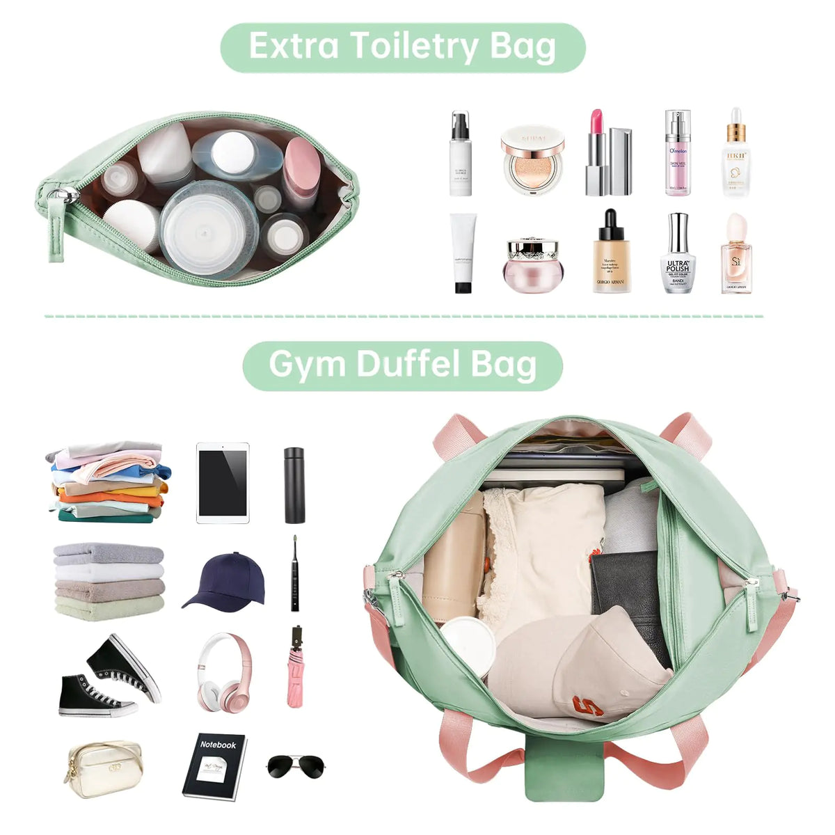 ETRONIK Gym Bag for Women, Travel Duffel Bag with USB Charging Port, Weekender Overnight Bag with Wet Pocket &amp; Shoes Compartment for Women, Travel, Gym, Yoga (Green Pink) Medium Pink Green