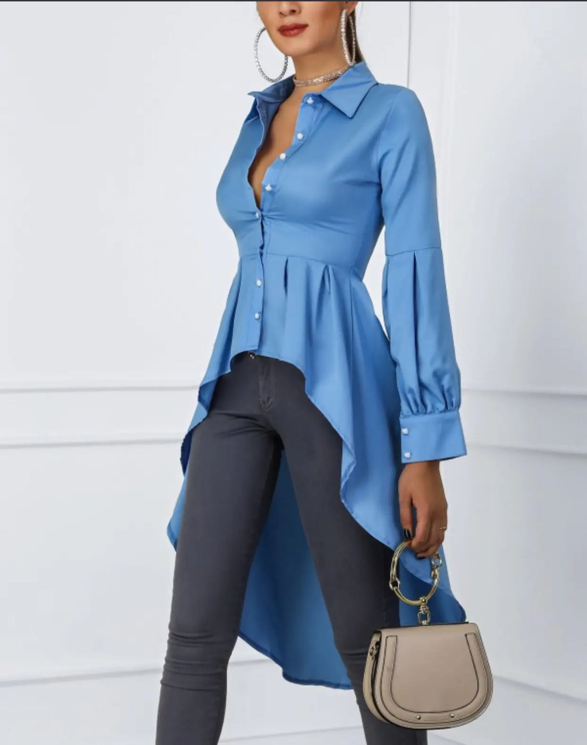 Solid Color Lantern Sleeve Tail Dress &amp; Button Shirt Dress