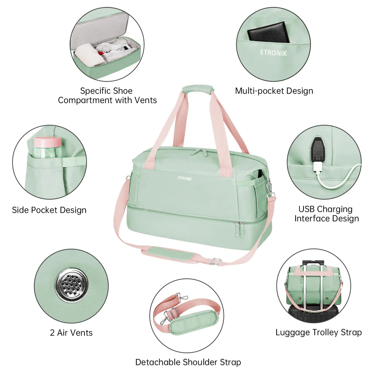 ETRONIK Gym Bag for Women, Travel Duffel Bag with USB Charging Port, Weekender Overnight Bag with Wet Pocket &amp; Shoes Compartment for Women, Travel, Gym, Yoga (Green Pink) Medium Pink Green