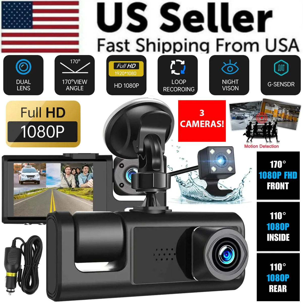 Car Dual Lens Dash Cam HD 1080P Front/Rear/Inside Video Recorder Camera G-Sensor Rieworkes