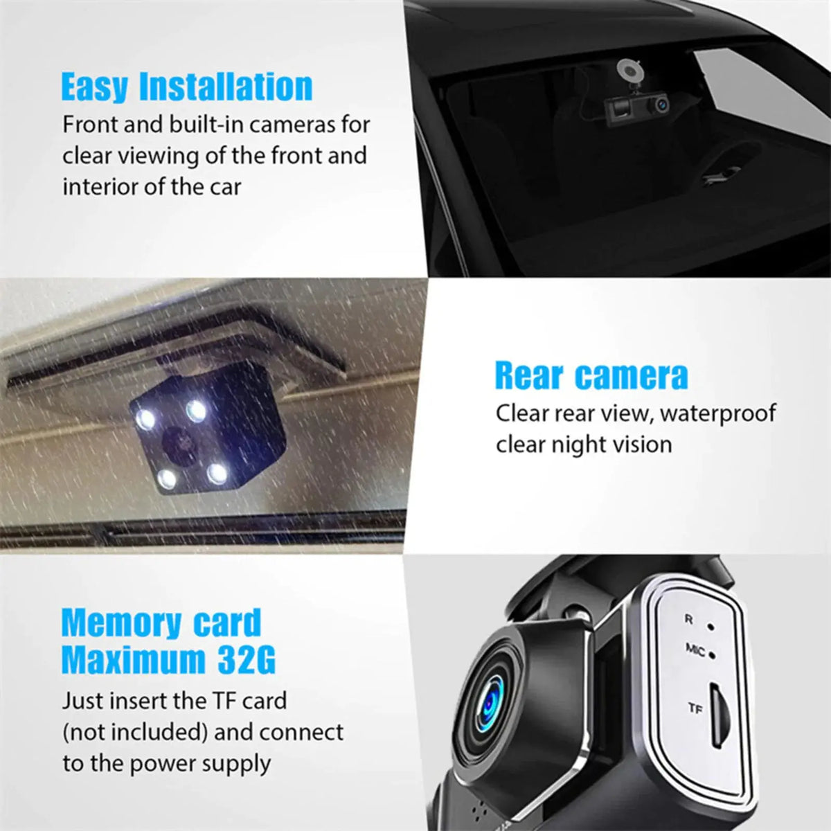 Car Dual Lens Dash Cam HD 1080P Front/Rear/Inside Video Recorder Camera G-Sensor Rieworkes