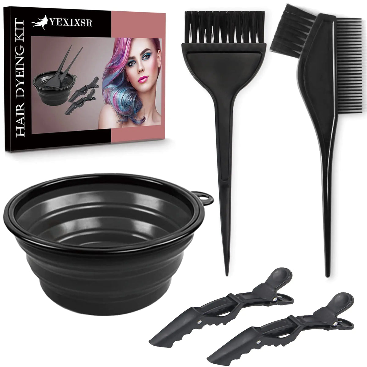 Yexixsr 5Pcs Professional Salon Hair Coloring Dyeing Kit, Hair Bleach Dit Hair Coloring Products with Hair Dye Brush, Hair Color Bowl, Hair Clips Rieworkes