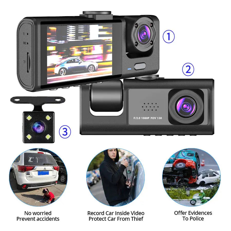 Car Dual Lens Dash Cam HD 1080P Front/Rear/Inside Video Recorder Camera G-Sensor Rieworkes