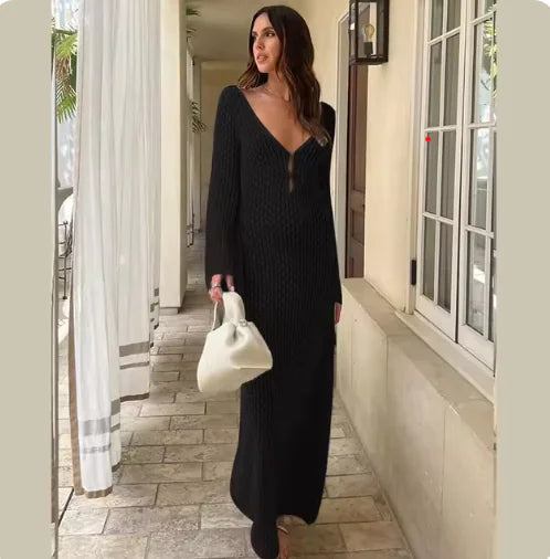 Elegant Sheer V-Neck Knitted Beach Dress – Long Sleeve Cover-Up for Summer &amp; Fall