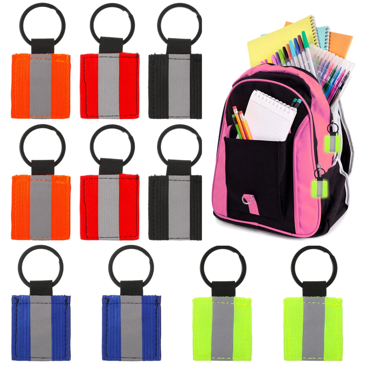 10Pcs Reflective Zipper Pulls Double Sided Reflective Strips Nylon Reflective Tags High Visibility Backpack Zipper Pulls Safety Reflectors Keyring Reflective Gear Tag for Backpack Purse Dog Collar