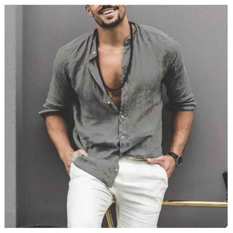 Solid Color Long Sleeve Button Stand Collar Men's Shirt