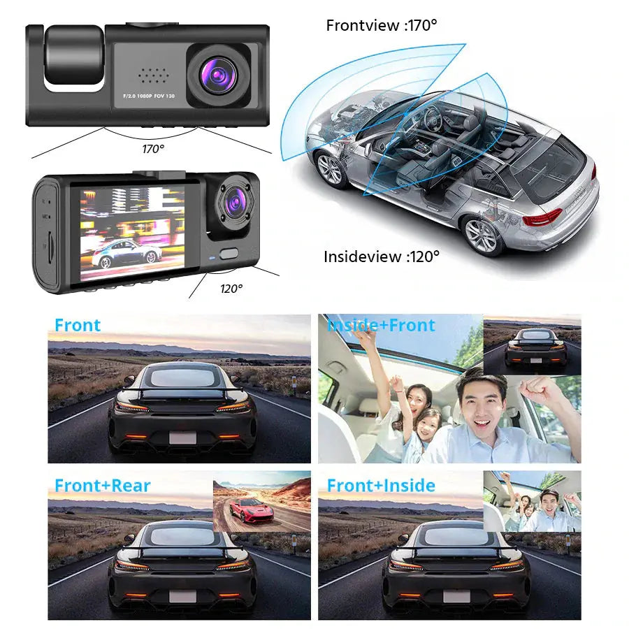 Car Dual Lens Dash Cam HD 1080P Front/Rear/Inside Video Recorder Camera G-Sensor Rieworkes